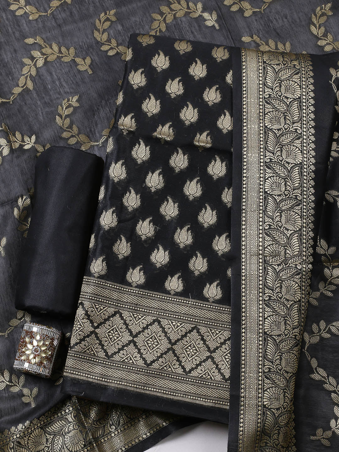 Banarasi Chanderi Unstitched Suit With Pant &amp; Dupatta