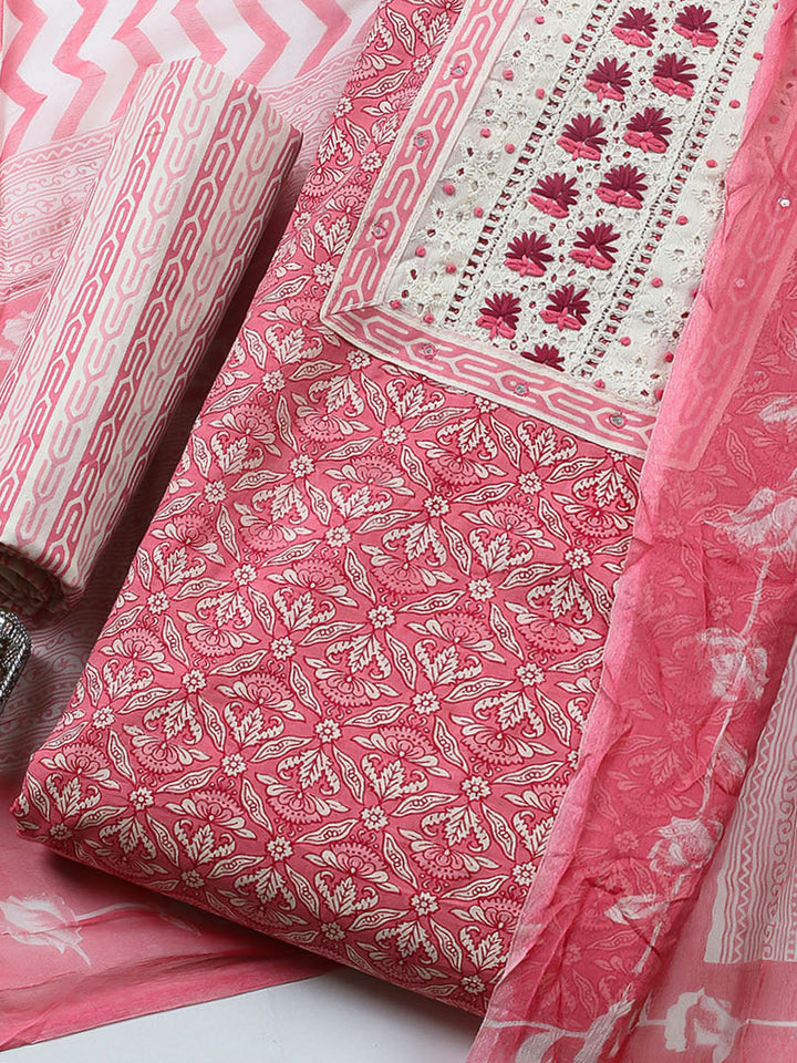 Embroidered Cotton Blend Unstitched Suit With Pant &amp; Dupatta