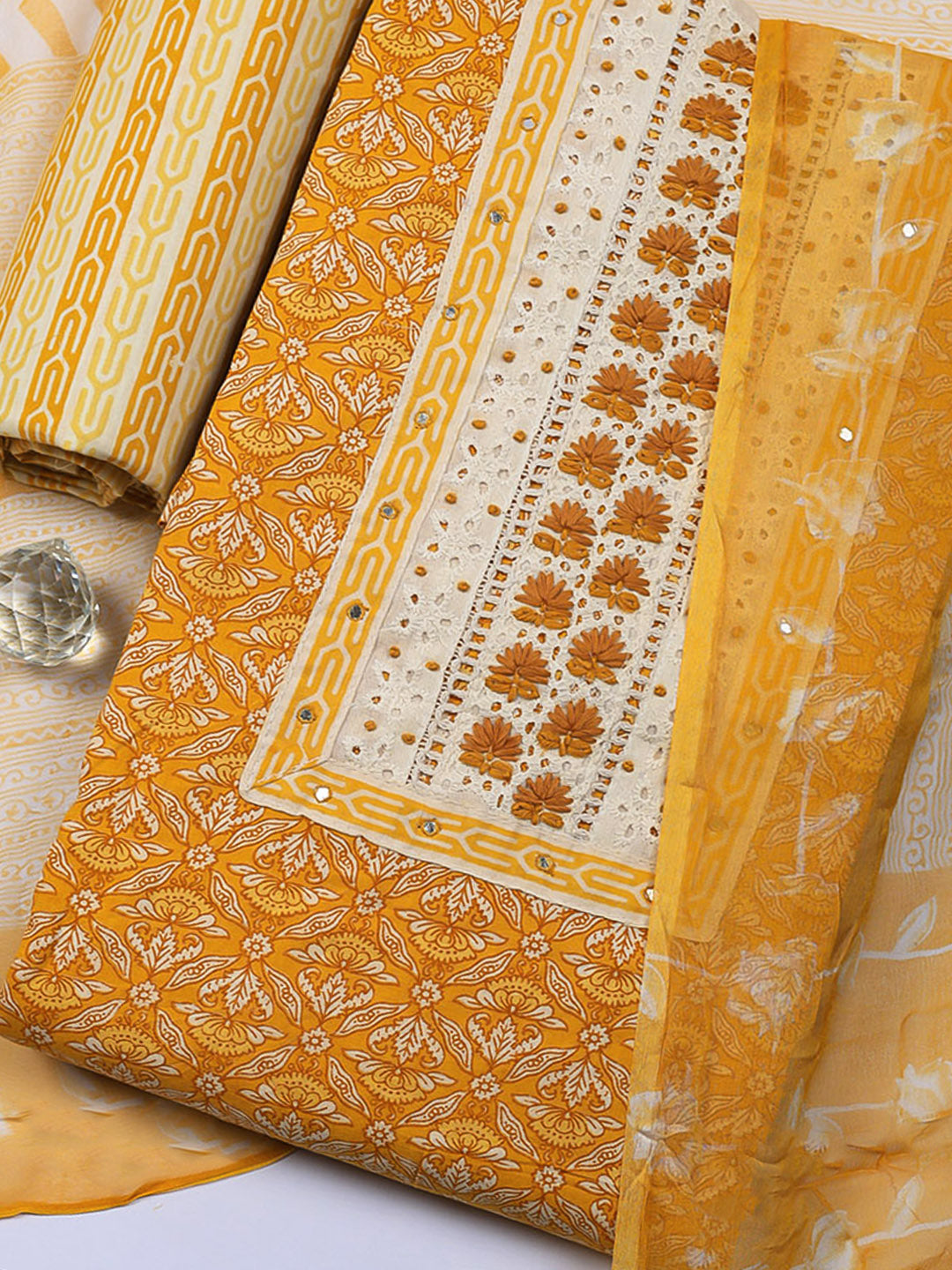 Embroidered Cotton Blend Unstitched Suit With Pant &amp; Dupatta