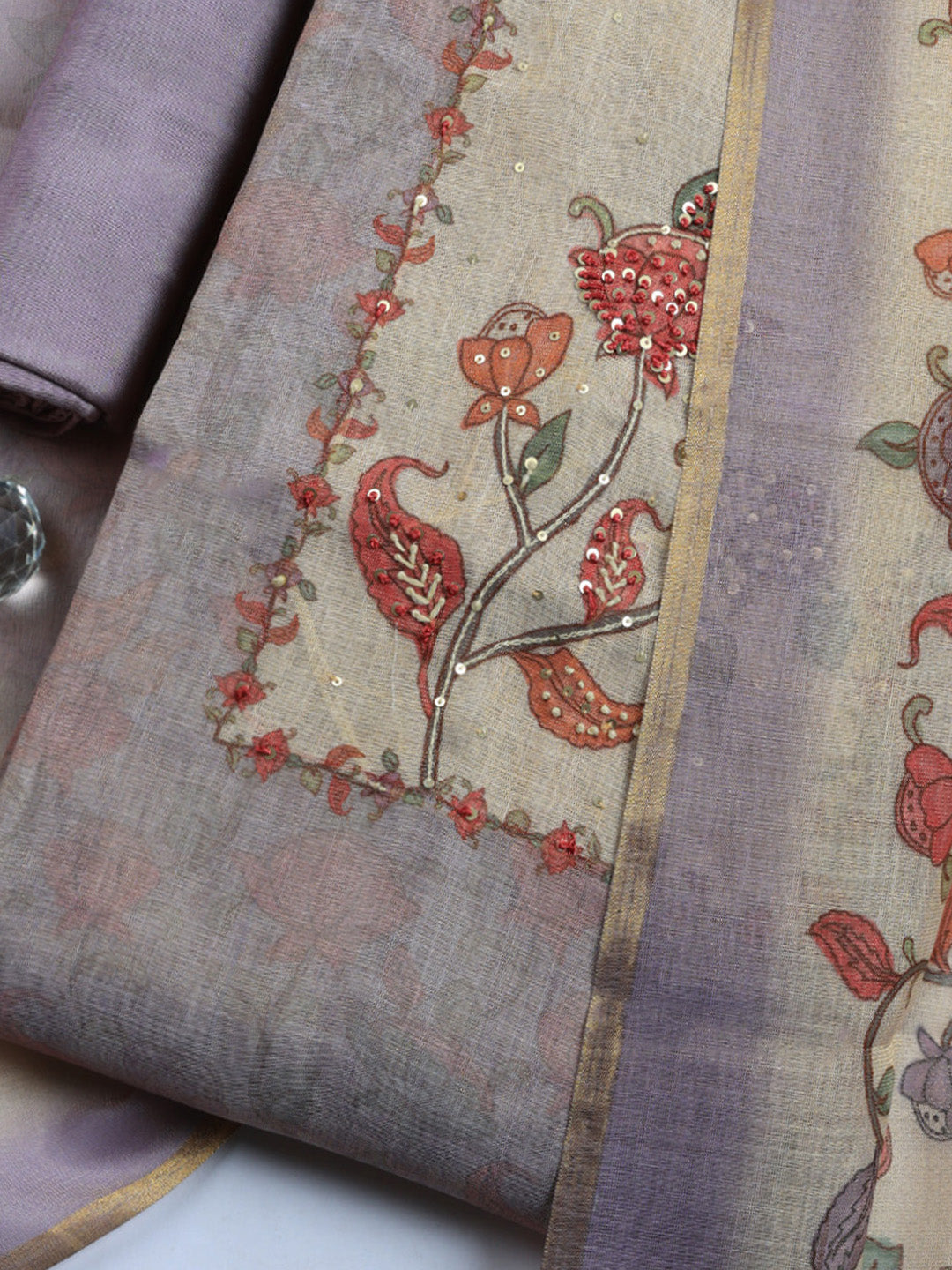 Printed Linen Blend Unstitched Suit With Pant &amp; Dupatta