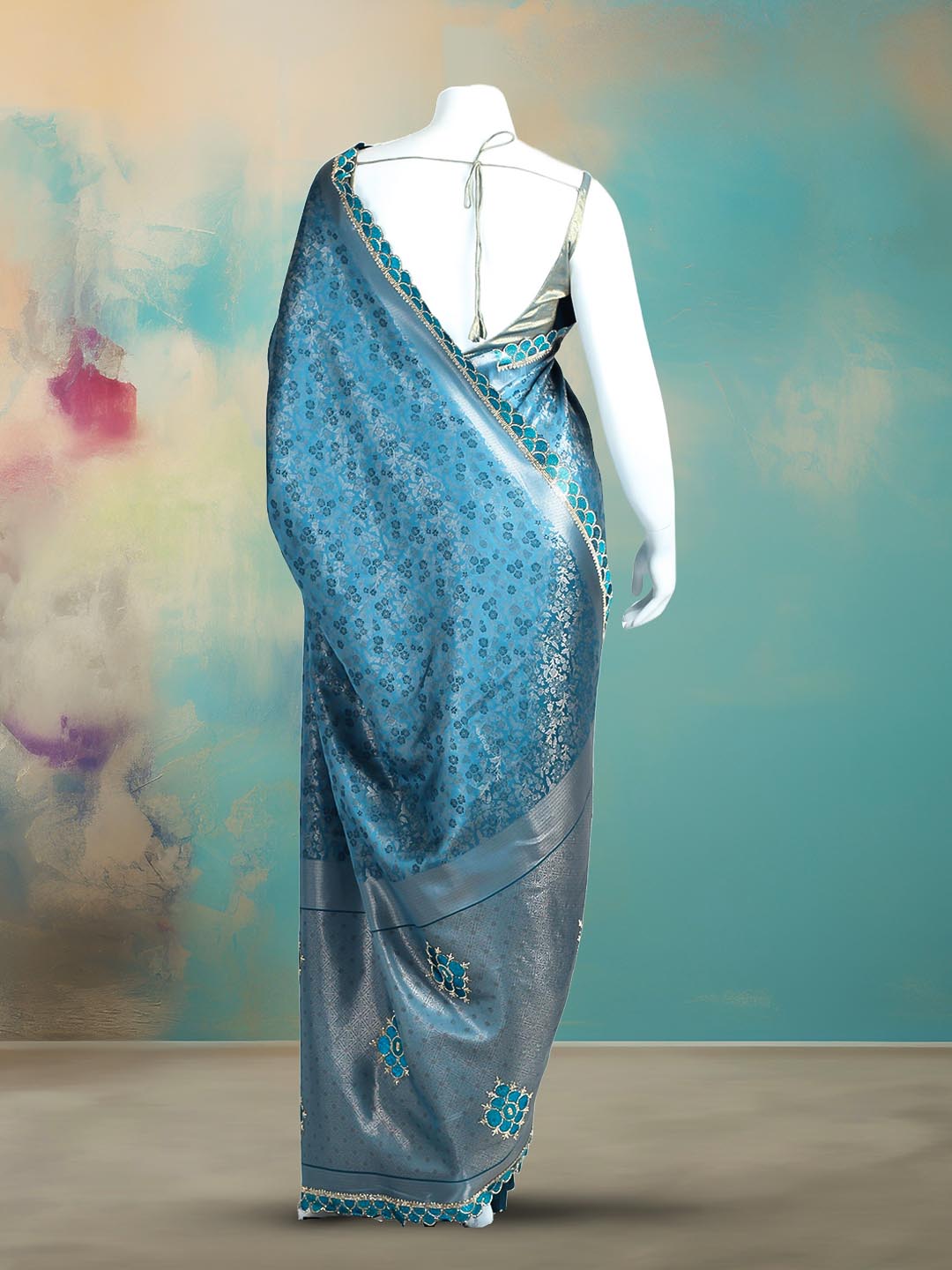 Floral Woven Design &amp; Embellished Border Satin Saree