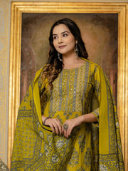 Printed Cotton Blend Kurta With Pants & Dupatta
