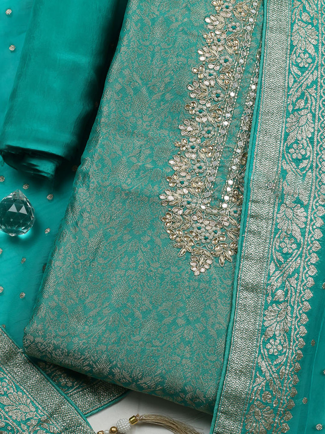 Embroidered Chanderi Unstitched Suit With Pant &amp; Dupatta