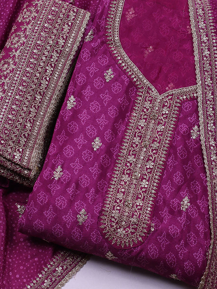 Embroidered Art Silk Unstitched Suit With Dupatta