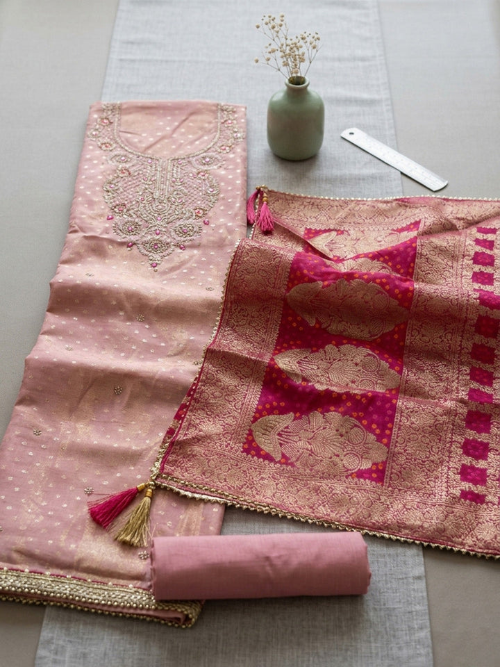 Embroidered Tissue Unstitched Suit With Pant &amp; Dupatta