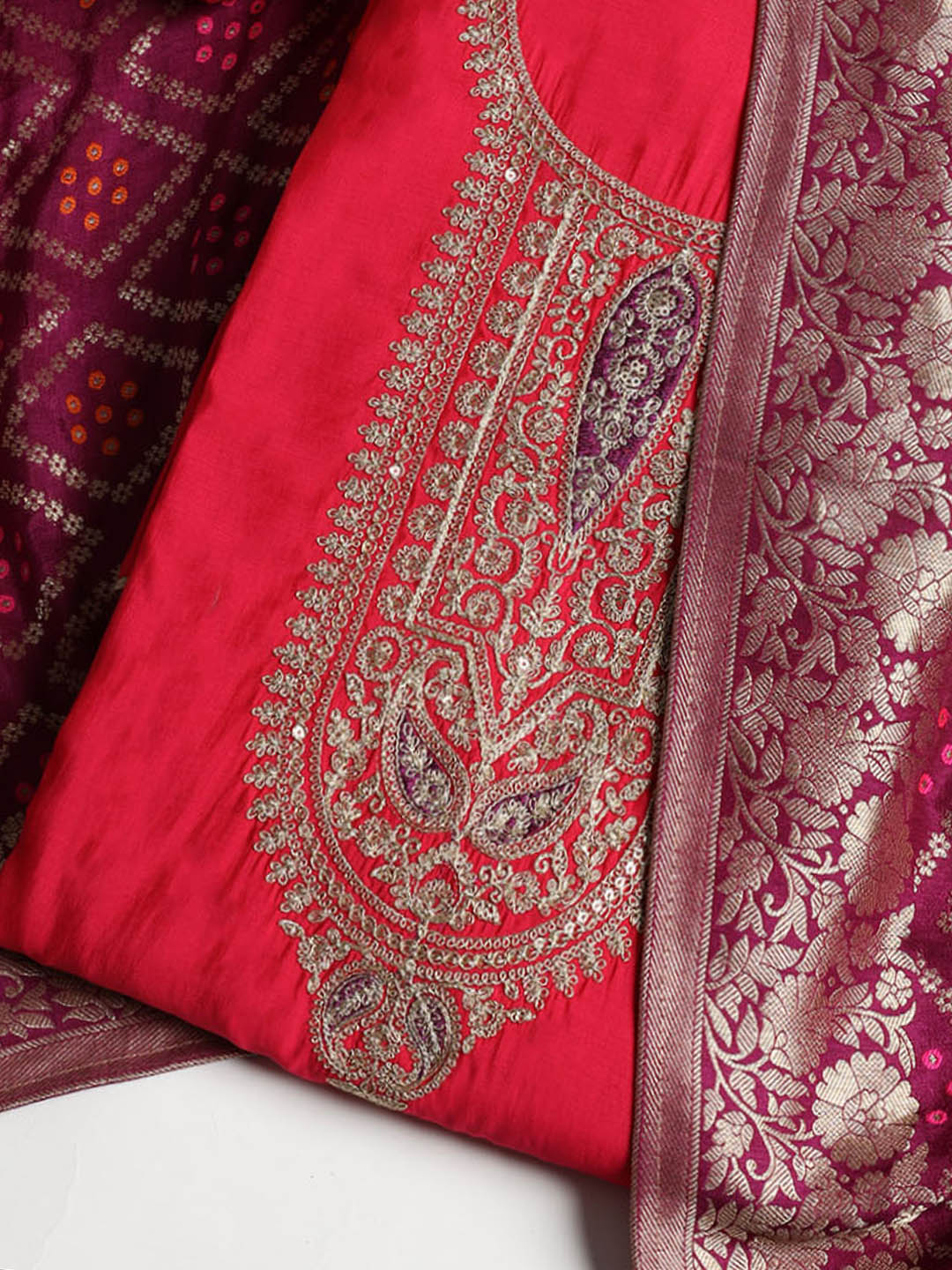 Embroidered Chanderi Unstitched Suit With Dupatta