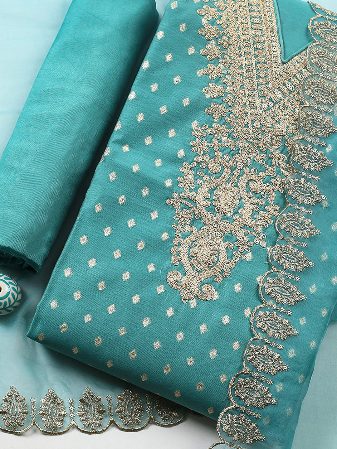 Embroidered Chanderi Unstitched Suit With Pant &amp; Dupatta