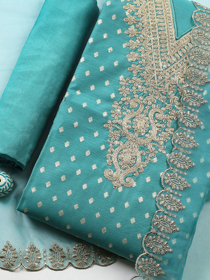 Embroidered Chanderi Unstitched Suit With Pant &amp; Dupatta