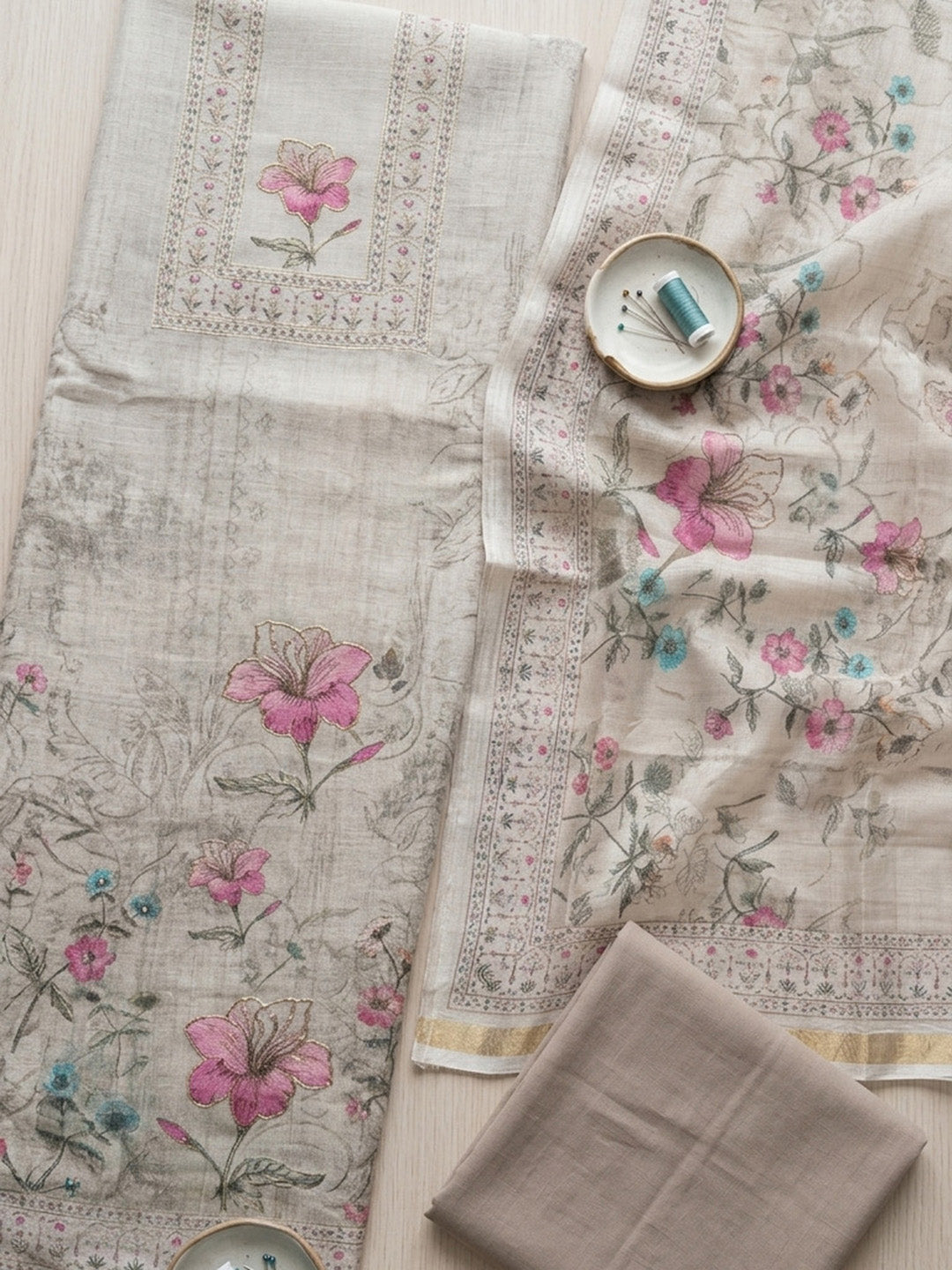 Printed Linen Blend Unstitched Suit With Pant &amp; Dupatta