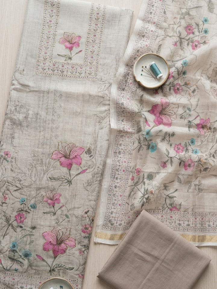 Printed Linen Blend Unstitched Suit With Pant &amp; Dupatta