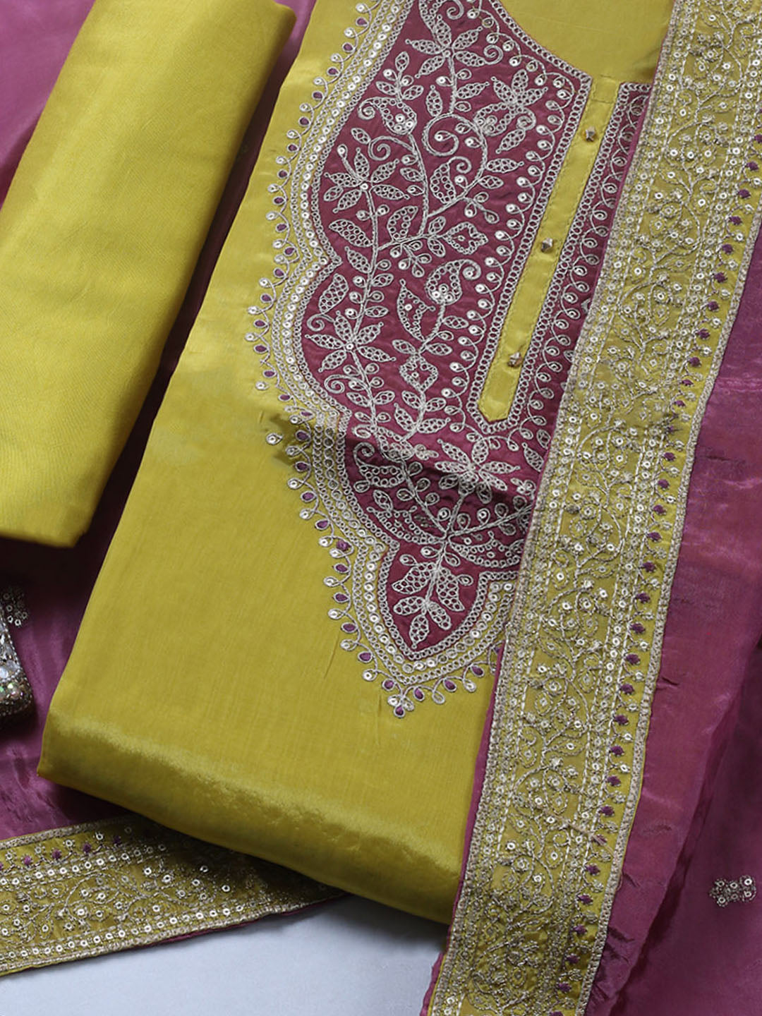 Embroidered Chanderi Unstitched Suit With Pant &amp; Dupatta