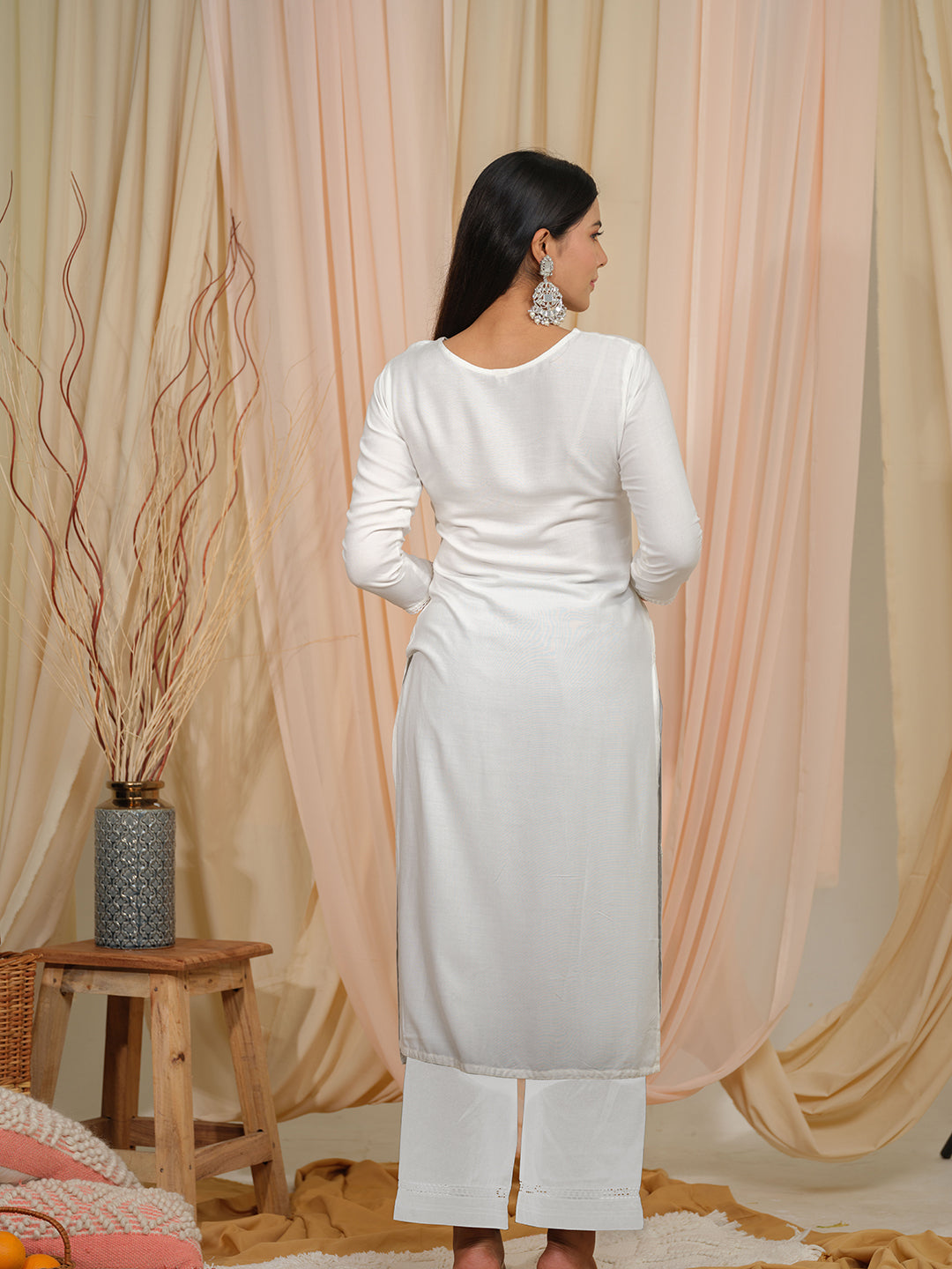 White Art Silk Embroidered V Neck Kurta