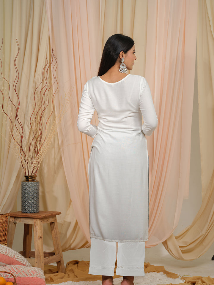 White Art Silk Embroidered V Neck Kurta