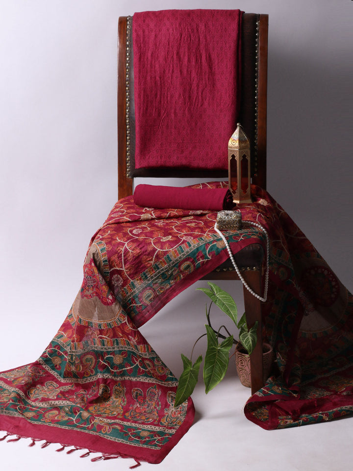 Printed Tussar Unstitched Kurta With Pant &amp; Dupatta