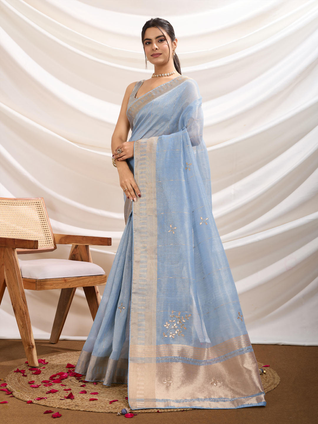Embroidered Linen Blend Saree