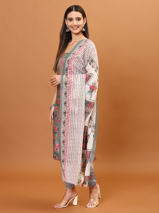 Neck Embroidery & Printed Cotton Unstitched Suit Piece With Dupatta