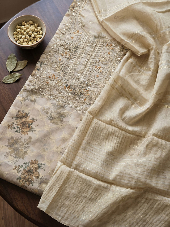 Embroidered Chanderi Unstitched Suit With Pant &amp; Dupatta
