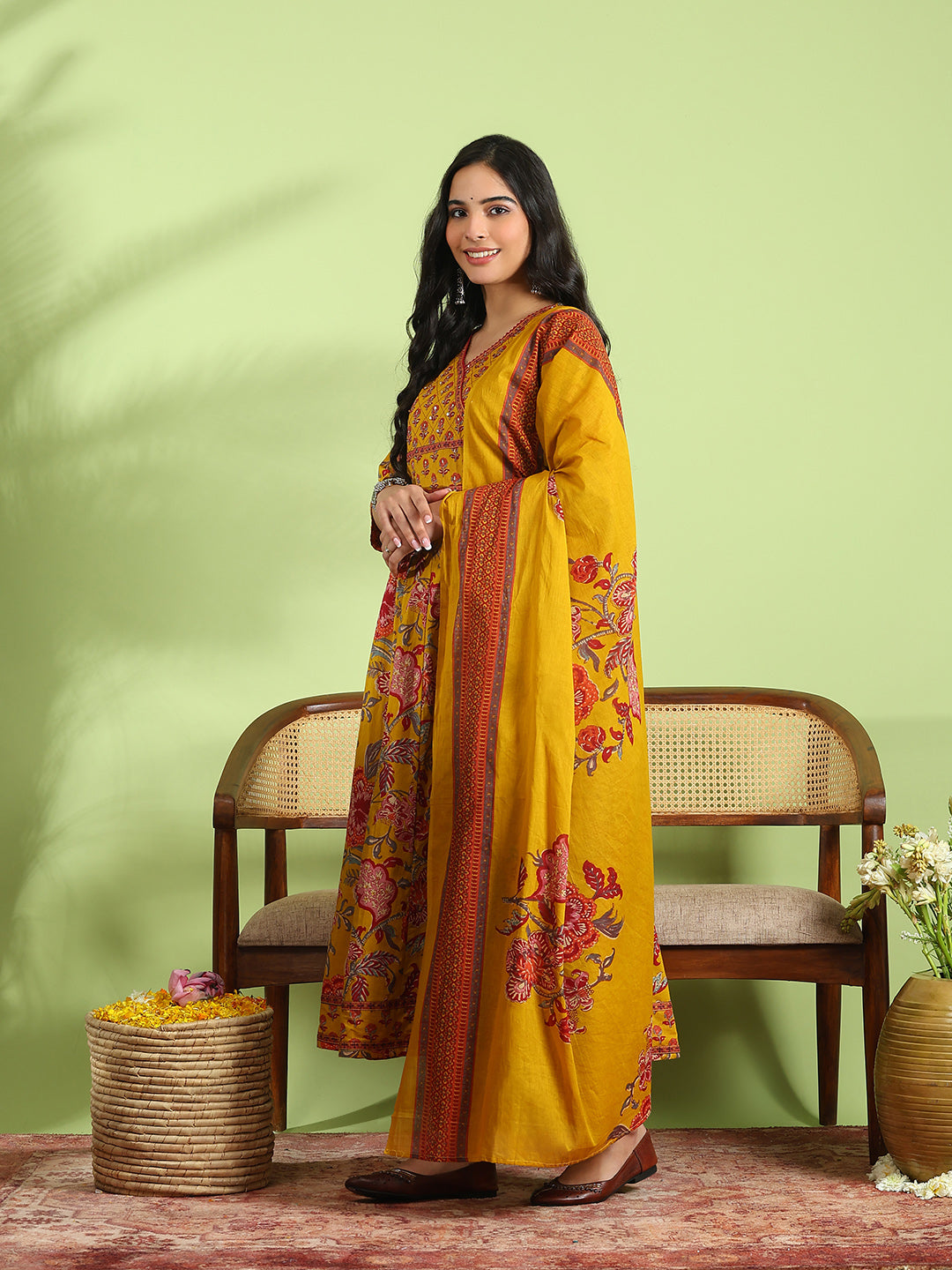 Printed Cotton Kurta With Pant &amp; Dupatta