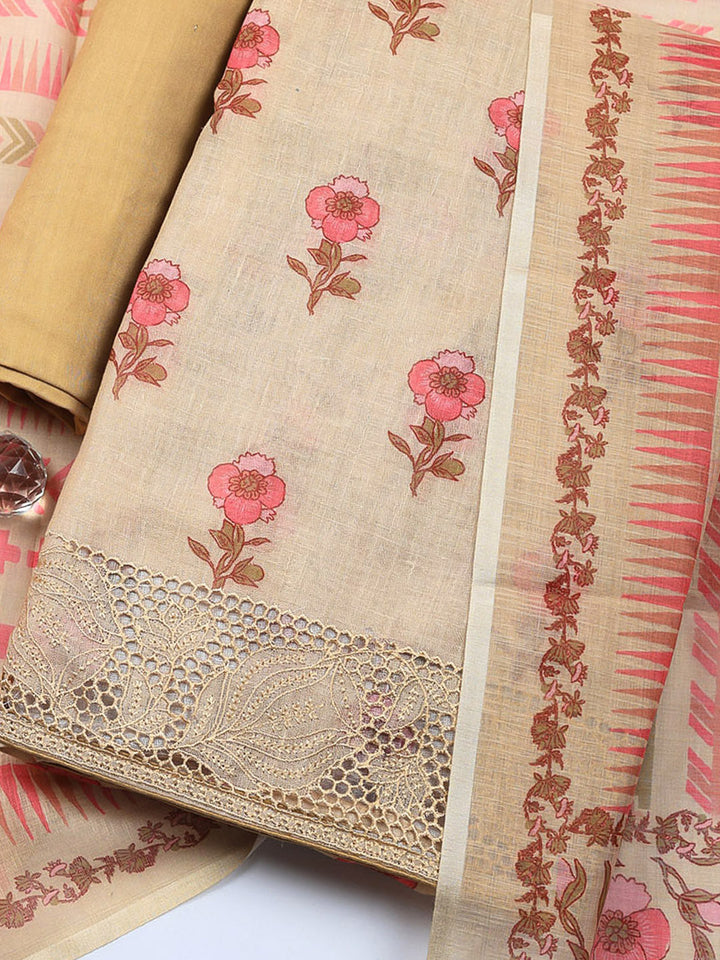 Embroidered Linen Blend Unstitched Suit With Pant &amp; Dupatta
