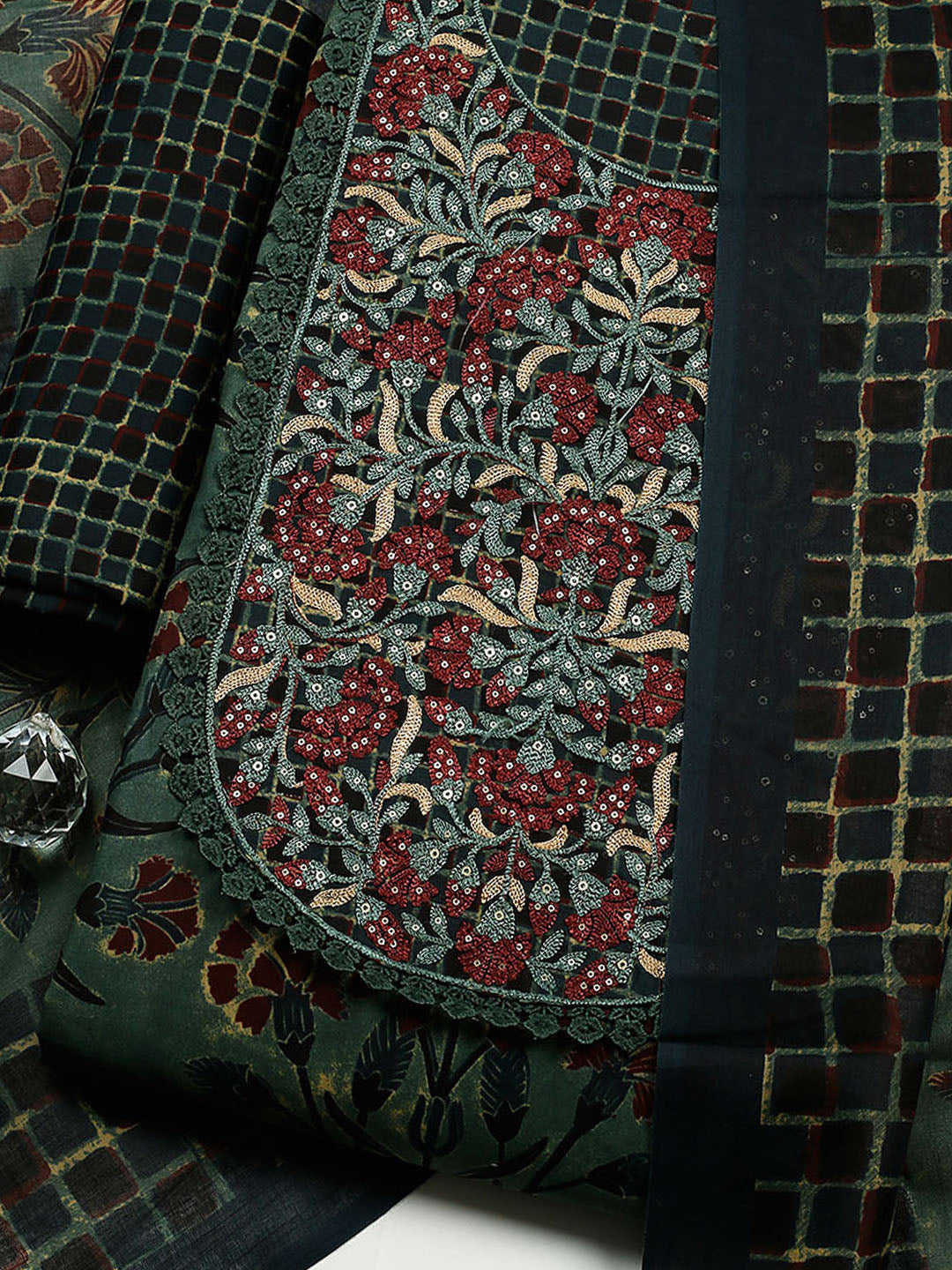 Embroidered Cotton Blend Unstitched Suit With Pant &amp; Dupatta