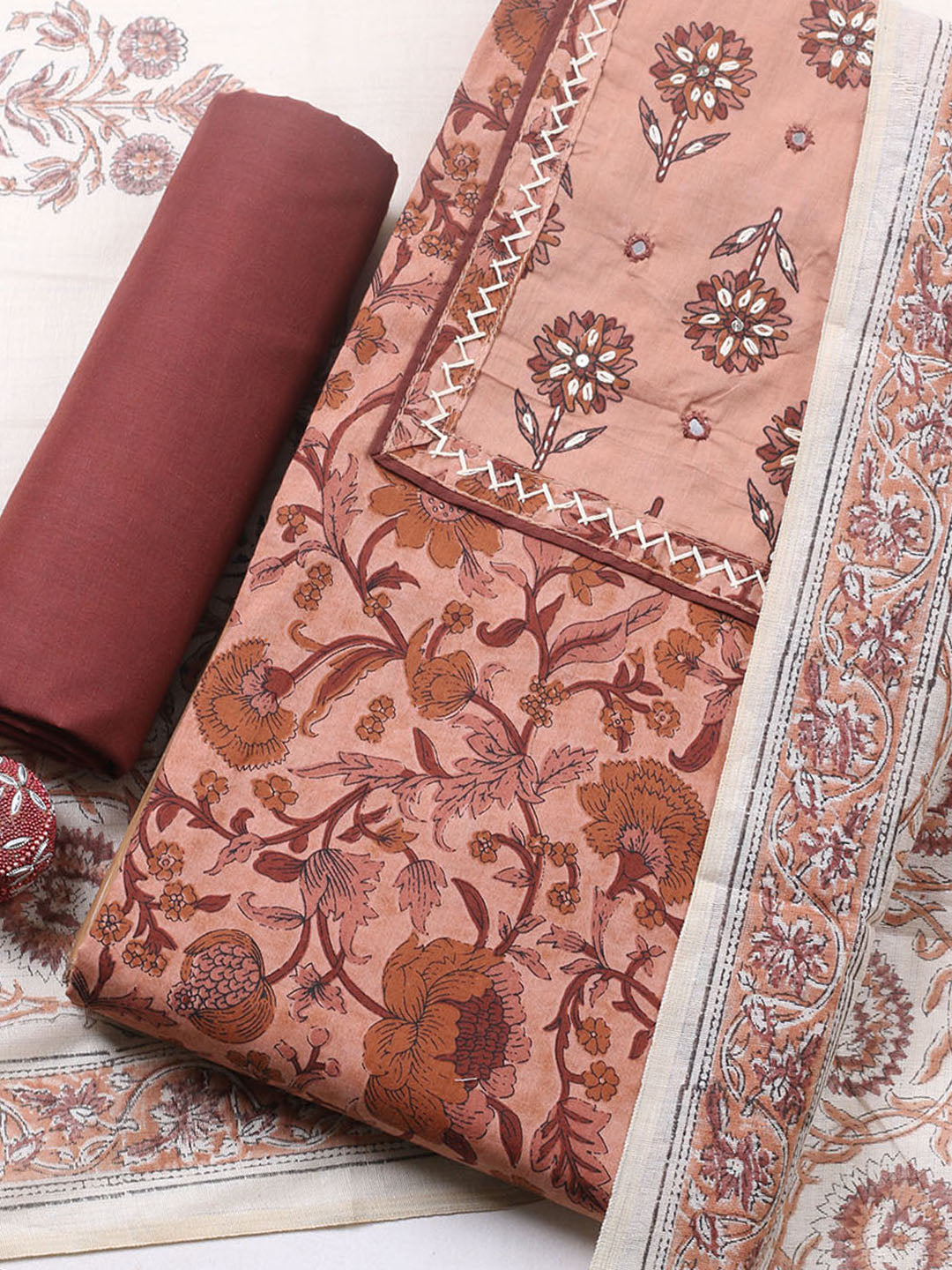 Printed Cotton Blend Unstitched Suit With Pant &amp; Dupatta