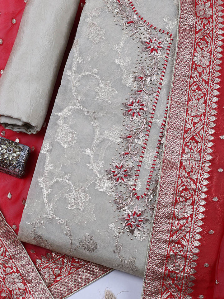 Embroidered Chanderi Unstitched Suit With Pant &amp; Dupatta