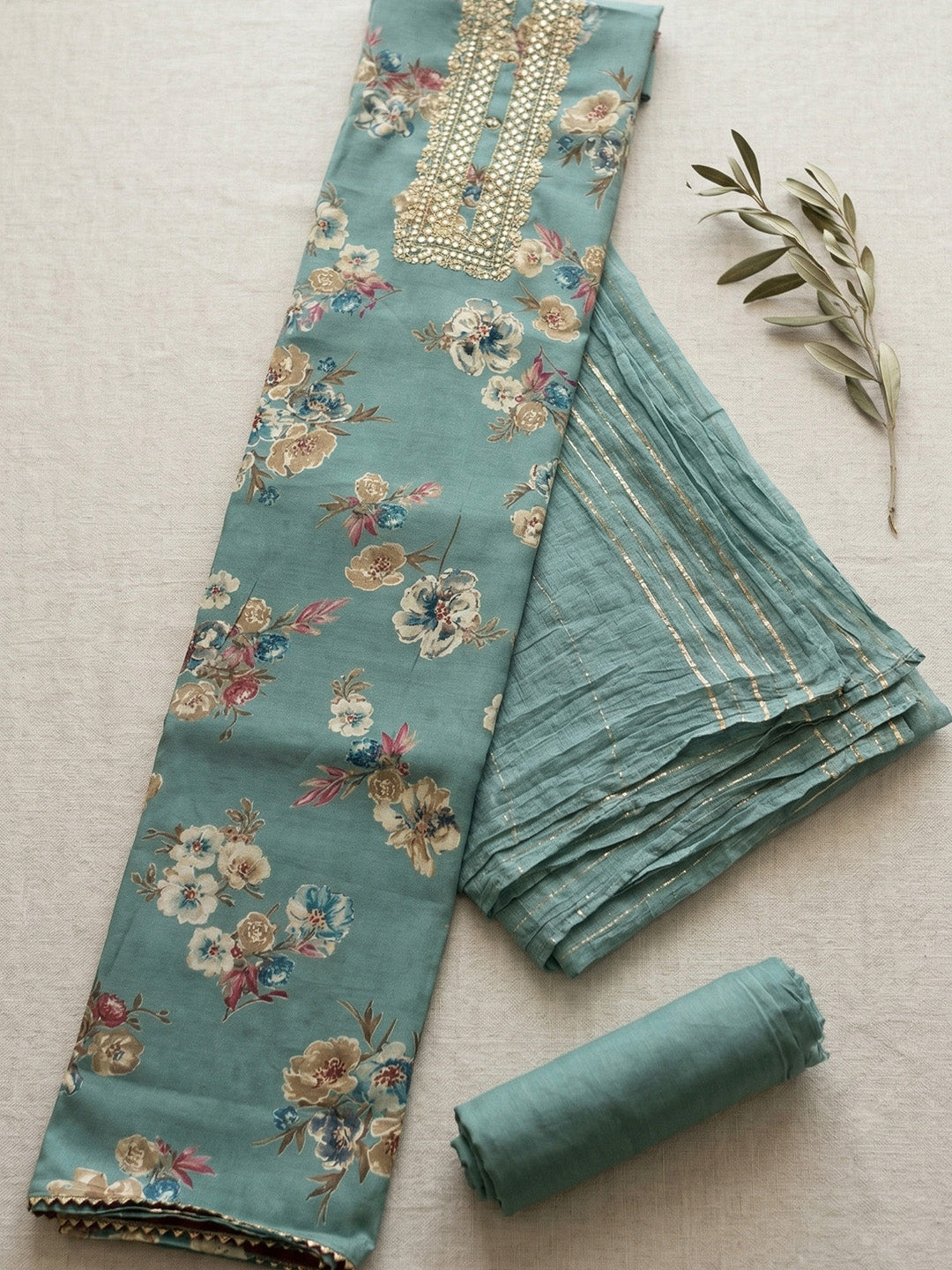 Embroidered Cotton Blend Unstitched Suit With Pant &amp; Dupatta