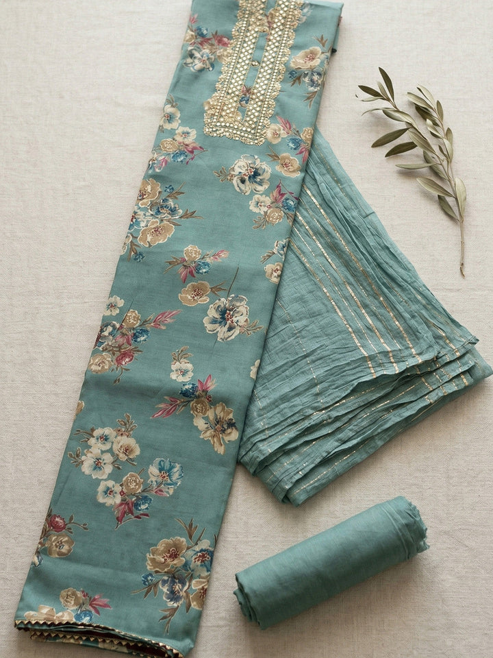 Embroidered Cotton Blend Unstitched Suit With Pant &amp; Dupatta
