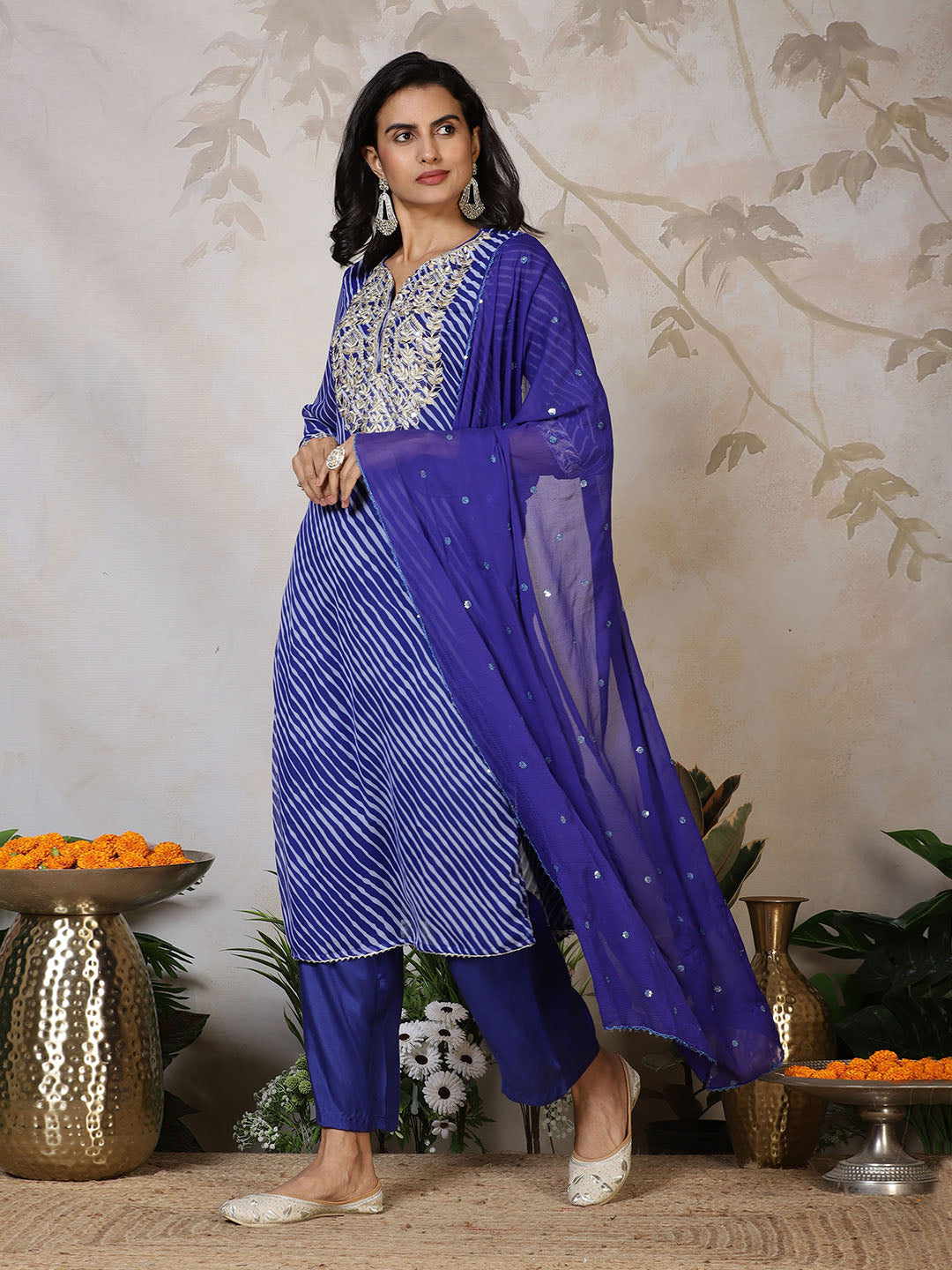 Embroidered Georgette Kurta With Pants &amp; Dupatta