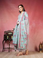 Printed Cotton Blend Kurta With Pants & Dupatta