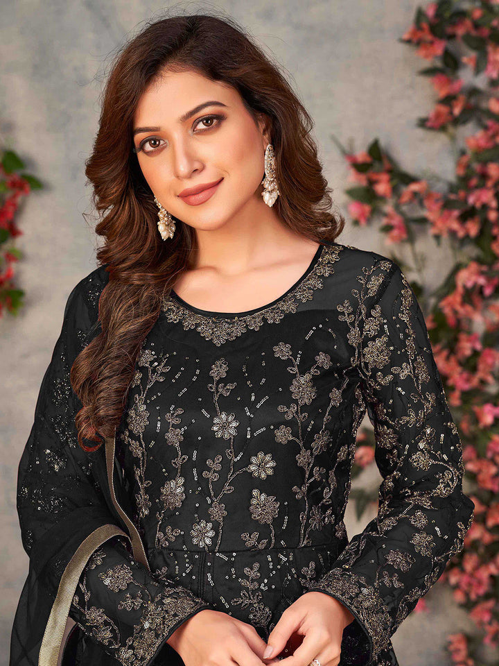 Embroidered Net Semi Stitched Kurta With Pant &amp; Dupatta