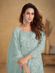 Embroidered Net Kurta With Plazzo & Dupatta