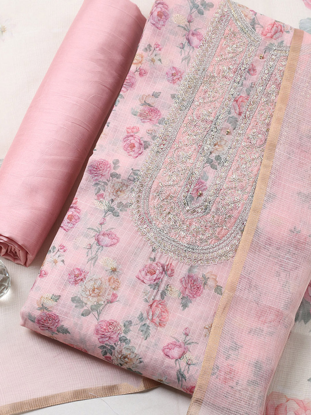 Embroidered Cotton Blend Unstitched Suit With Pant &amp; Dupatta