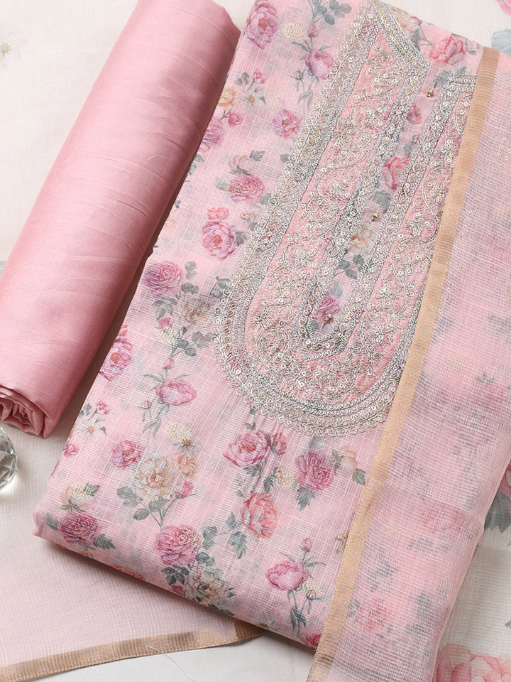 Embroidered Cotton Blend Unstitched Suit With Pant &amp; Dupatta