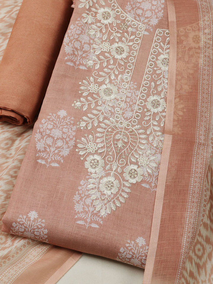 Embroidered Linen Blend Unstitched Suit With Pant &amp; Dupatta