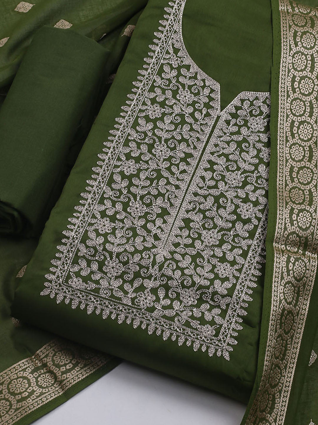 Neck Embroidered Chanderi Unstitched Suit With Dupatta