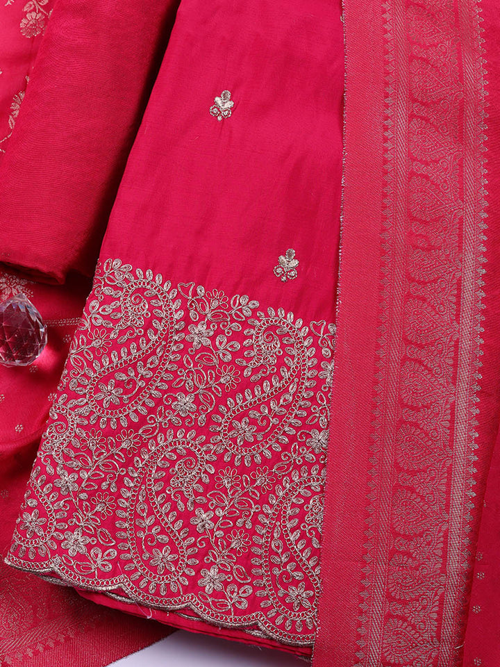 Embroidered Chanderi Unstitched Suit With Pant &amp; Dupatta