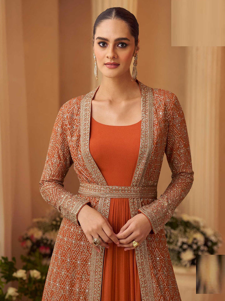 Rust Orange Chinnon Embroidered Anarkali Gown with Designer Jacket