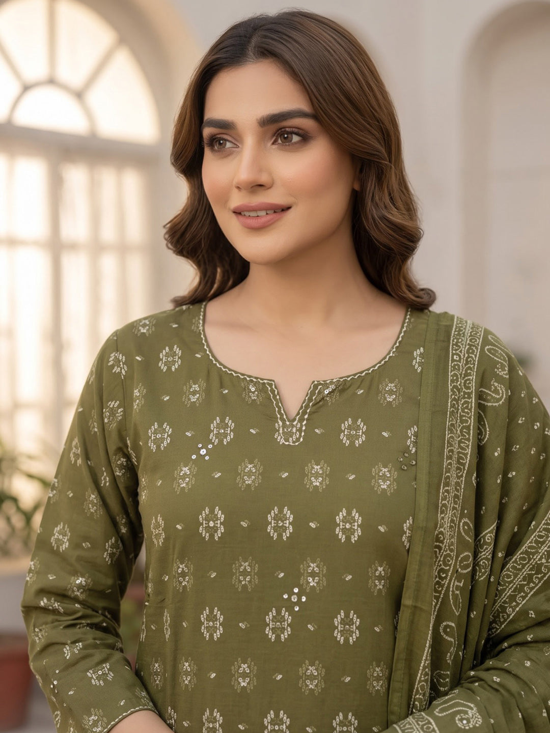 Mehndi Printed Cotton Blend Kurta With Pant &amp; Dupatta