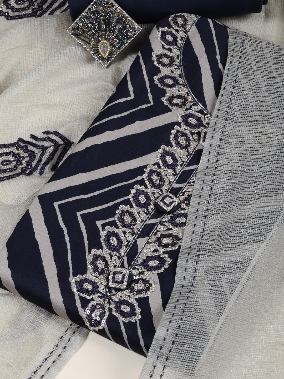 Neck Embroidered Cotton Blend Unstitched Suit Piece With Dupatta
