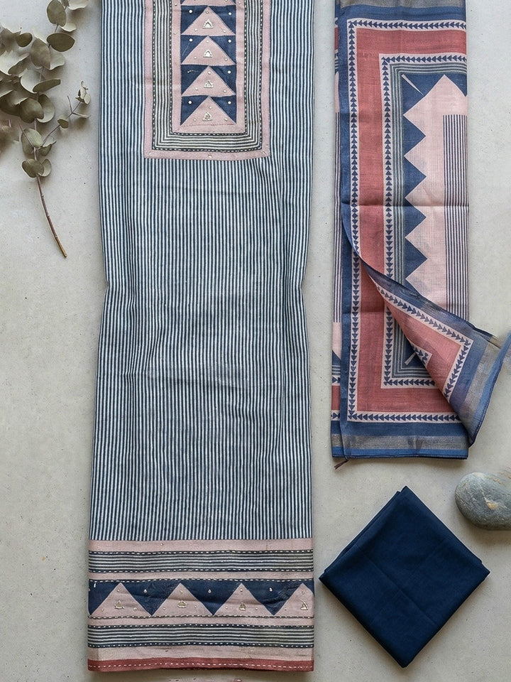Printed Linen Blend Unstitched Suit With Pant &amp; Dupatta
