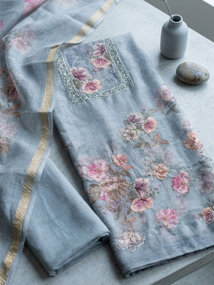 Embroidered Linen Blend Unstitched Suit With Pant &amp; Dupatta
