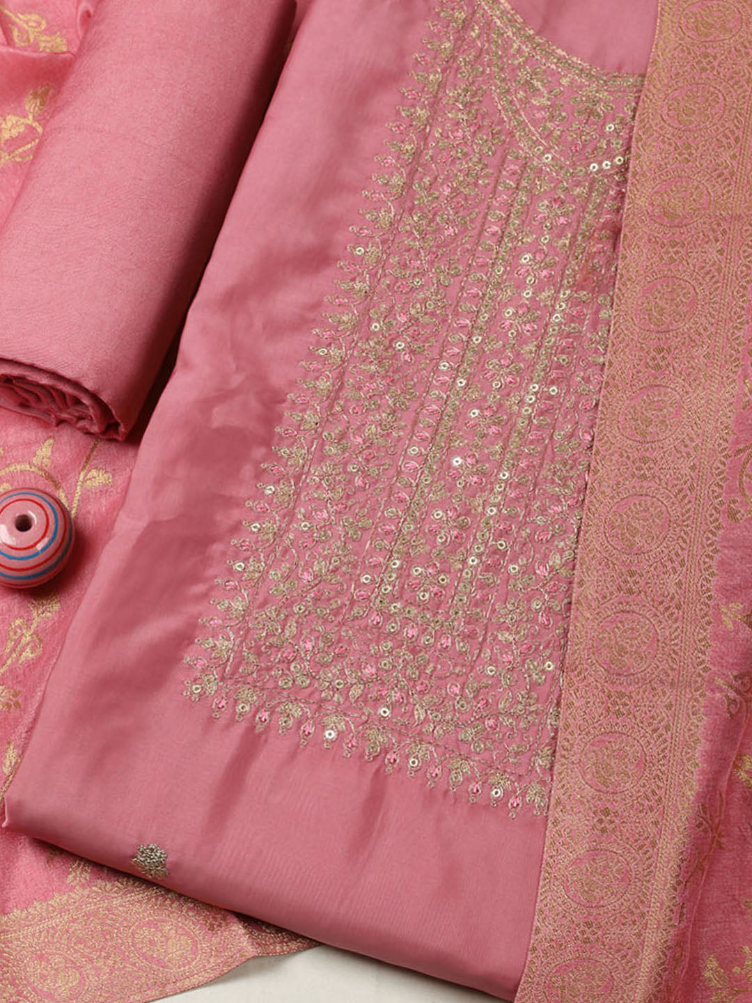 Embroidered Chanderi Unstitched Suit With Pant &amp; Dupatta