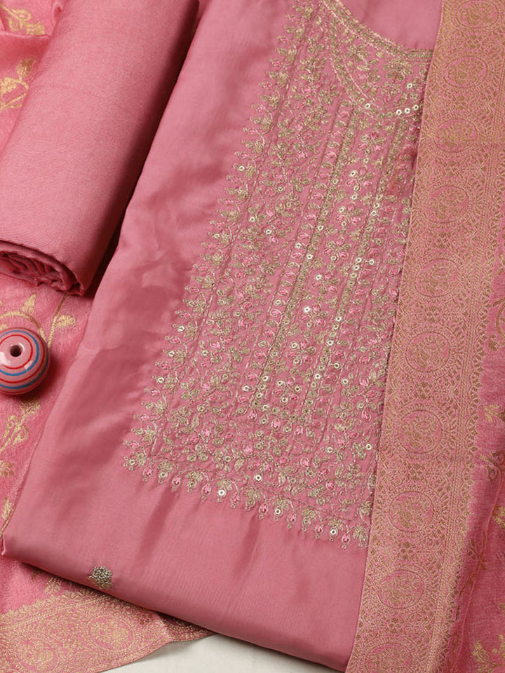 Embroidered Chanderi Unstitched Suit With Pant &amp; Dupatta