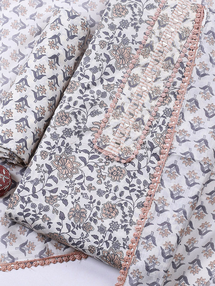 Embellished Cotton Blend Unstitched Suit With Pant &amp; Dupatta