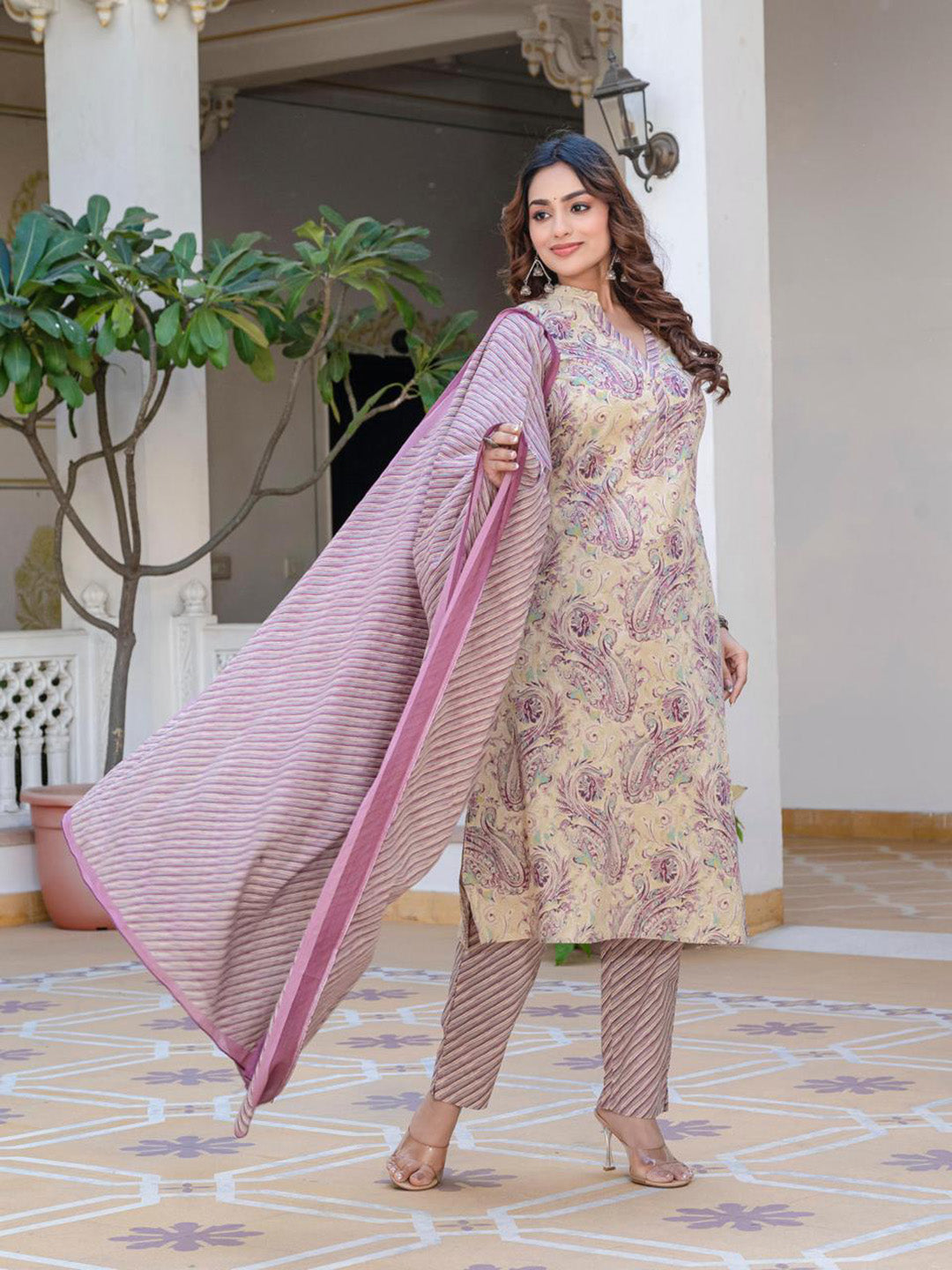 Printed Cotton Blend Kurta With Pants & Dupatta