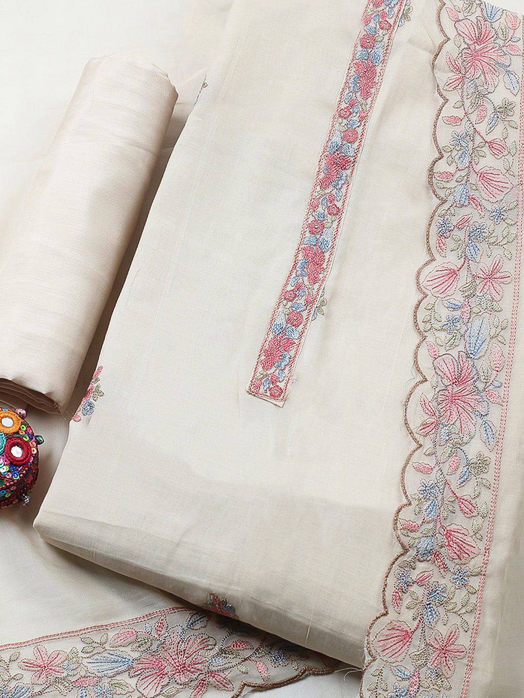Embroidered Chanderi Unstitched Suit With Pant &amp; Dupatta