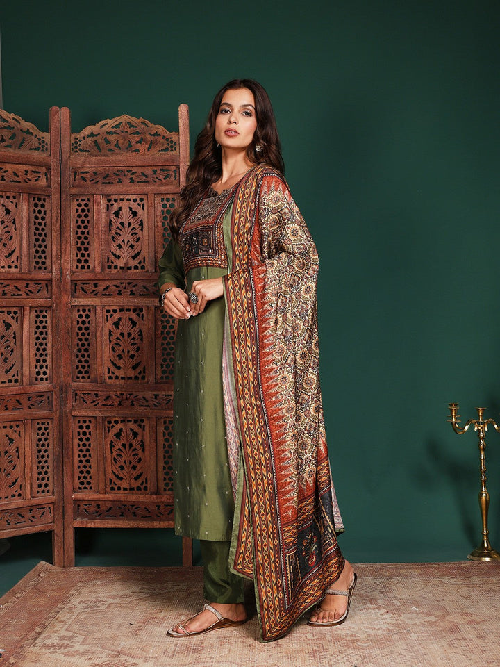 Floral Printed Cotton Blend Kurta With Pant &amp; Dupatta