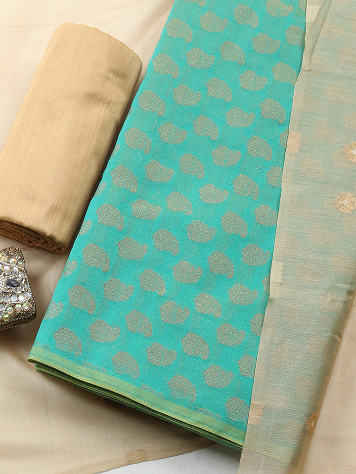 Printed Chanderi Unstitched Suit With Pant &amp; Dupatta