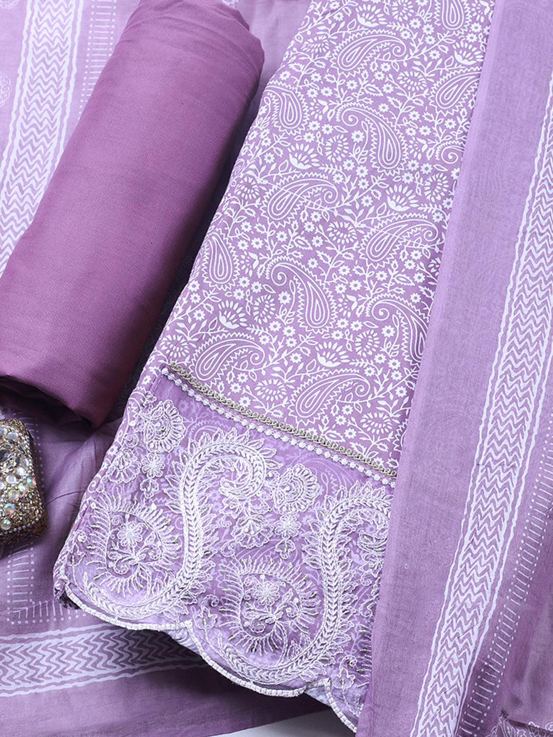 Printed Cotton Blend Unstitched Suit With Pant &amp; Dupatta